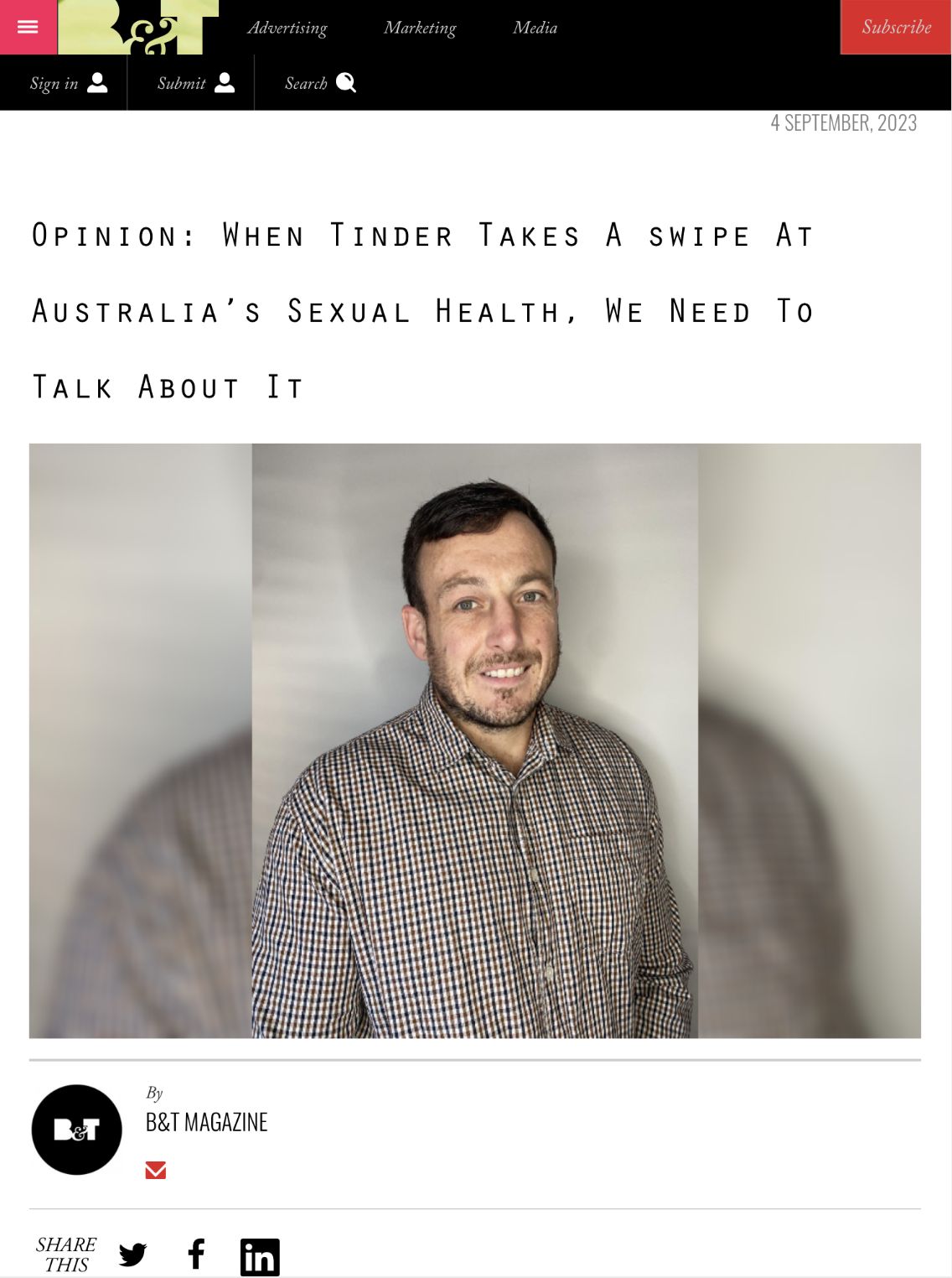 Opinion piece on B&T Magazine, Tinder vs sexual health -